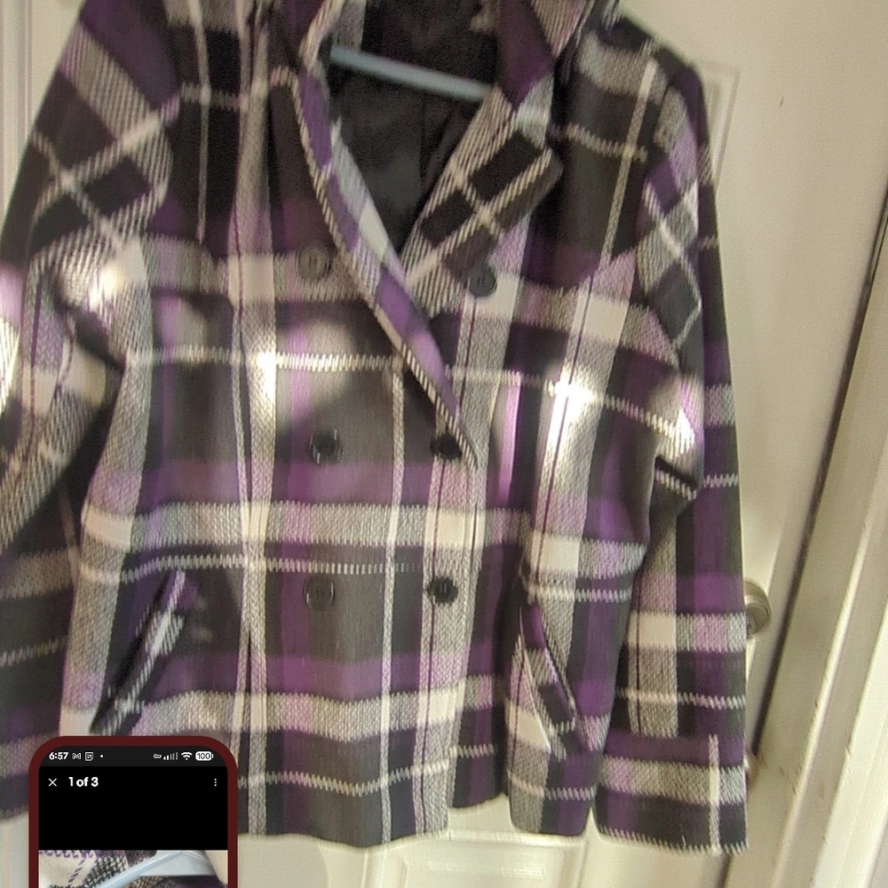 Elegant Purple Plaid Double-Breasted Pea Coat